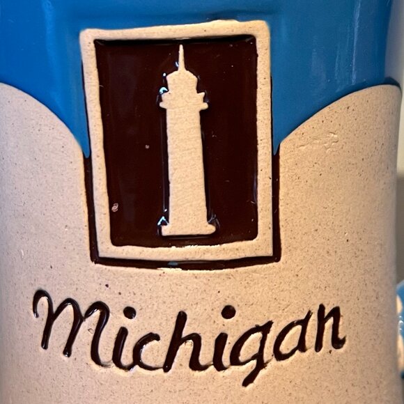 Michigan Lighthouse Embossed Souvenir Pottery Mug ~ Unglazed & Glossy Blue Glaze - Picture 8 of 8